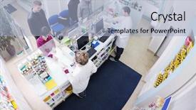  Presentation with drug pharmacy - Presentation theme consisting of young pharmacist suggesting medical drug background and a light blue colored foreground