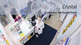  Presentation with medical pharmacy - Cool new presentation theme with young pharmacist suggesting medical drug backdrop and a light blue colored foreground