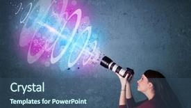  Presentation with powerful - Amazing PPT theme having young photographer girl making photos with powerful light beam backdrop and a ocean colored foreground