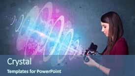  Presentation with powerful - Slide deck with young photographer girl making photos with powerful light beam background and a ocean colored foreground