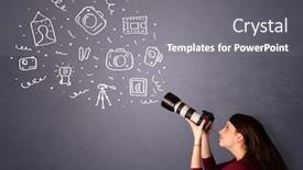  Presentation with shooting - Colorful presentation theme enhanced with young photographer girl shooting photography icons backdrop and a gray colored foreground