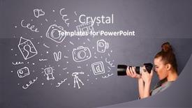  Presentation with shooting - Colorful presentation design enhanced with young photographer girl shooting photography icons backdrop and a gray colored foreground