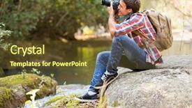  Presentation with mountain praise - PPT theme consisting of young photographer photographing in mountain background and a tawny brown colored foreground