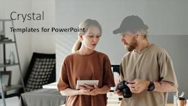  Presentation with tablet - Slide deck enhanced with young-photographer-with-photocamera background and a  colored foreground