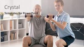  Presentation with rehabilitation - Presentation design with young-physiotherapist-and-male-patient background and a light gray colored foreground