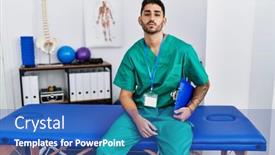  Presentation with face pain - Presentation theme with young-physiotherapist-man-working background and a ocean colored foreground