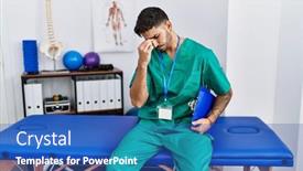  Presentation with pain - PPT theme featuring young-physiotherapist-man-working background and a ocean colored foreground