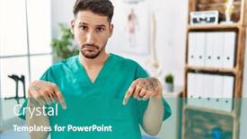  Presentation with pain - Slide set enhanced with young-physiotherapist-man-working background and a teal colored foreground