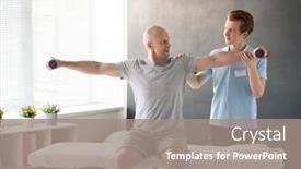  Presentation with helping hands - Slides having young-physiotherapist-standing-behind-bald background and a gray colored foreground