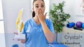  Presentation with physiotherapist - Slide set consisting of young-physiotherapist-woman-holding-anatomical background and a teal colored foreground