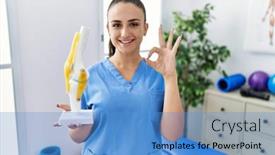  Presentation with physiotherapist - Theme with young-physiotherapist-woman-holding-anatomical background and a teal colored foreground