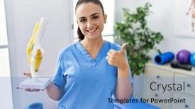  Presentation with joint - PPT theme with young-physiotherapist-woman-holding-anatomical background and a teal colored foreground