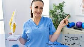  Presentation with joint - PPT theme consisting of young-physiotherapist-woman-holding-anatomical background and a teal colored foreground