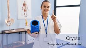  Presentation with foam - PPT theme enhanced with young-physiotherapist-woman-holding-foam background and a light blue colored foreground