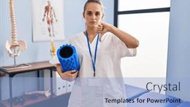  Presentation with foam - PPT theme consisting of young-physiotherapist-woman-holding-foam background and a  colored foreground