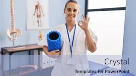  Presentation with foam - PPT layouts consisting of young-physiotherapist-woman-holding-foam background and a  colored foreground
