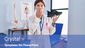  Presentation with sneakers - Slide set having young-physiotherapist-woman-holding-sneakers background and a  colored foreground