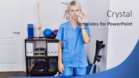  Presentation with recovery - Presentation theme enhanced with young-physiotherapist-woman-working background and a light gray colored foreground