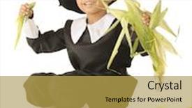  Presentation with pilgrim - Presentation featuring young pilgrim boy happily husking corn one a white background background and a yellow colored foreground