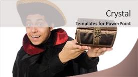  Presentation with pirate - Presentation design featuring young pirate holding chest box isolated on white background and a light gray colored foreground