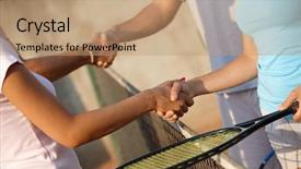  Presentation with shaking hands - Slide deck with young players shaking hands background and a coral colored foreground