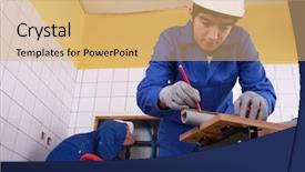  Presentation with pipe - Amazing theme having young plumber cutting grey pipe backdrop and a yellow colored foreground