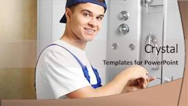  Presentation with cabin - PPT layouts featuring young plumber fixing shower cabin background and a soft green colored foreground