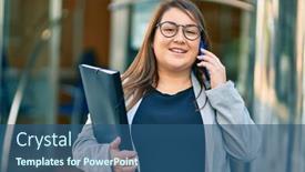  Presentation with binder - Colorful presentation design enhanced with young-plus-size-businesswoman-talking backdrop and a ocean colored foreground