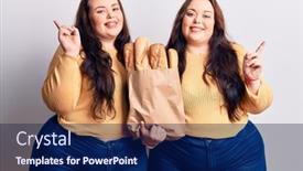  Presentation with paper bag - Amazing PPT theme having young-plus-size-twins-holding backdrop and a navy blue colored foreground