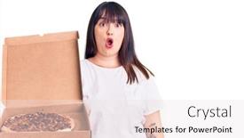  Presentation with pizza delivery - Audience pleasing presentation theme consisting of young-plus-size-woman-holding backdrop and a sky blue colored foreground