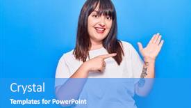  Presentation with finger - PPT theme featuring young-plus-size-woman-wearing background and a teal colored foreground