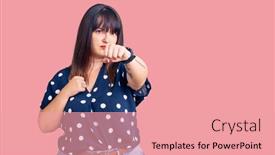  Presentation with violence woman - Cool new PPT layouts with young-plus-size-woman-wearing backdrop and a coral colored foreground