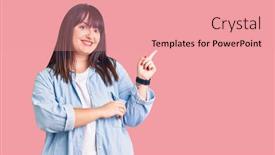  Presentation with finger - Presentation design having young-plus-size-woman-wearing background and a coral colored foreground