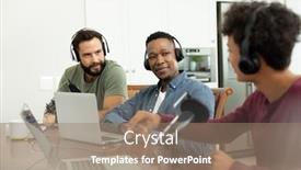  Presentation with broadcasting media - Slide deck having young-podcaster-interviewing-male-entrepreneurs background and a coral colored foreground