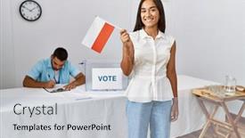 Presentation with poland - Presentation theme having young-polish-voter-woman-smiling background and a light blue colored foreground