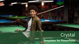  Presentation with billiard - Theme enhanced with young-pool-player-with-cue background and a ocean colored foreground