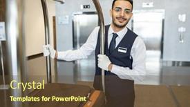  Presentation with eyeglasses - Audience pleasing slides consisting of young-porter-in-uniform backdrop and a tawny brown colored foreground