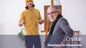  Presentation with old young - Presentation theme featuring young-portraitist-and-old-male background and a ocean colored foreground