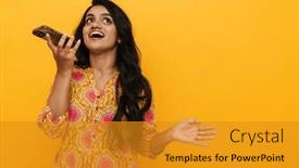  Presentation with voice - Presentation design featuring young-positive-indian-woman-sending background and a  colored foreground