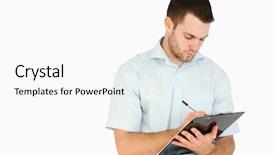  Presentation with taking notes - Theme having young post employee taking notes background and a white colored foreground