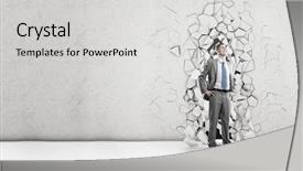 Presentation with breaking through - Presentation design having young powerful businessman breaking background and a light gray colored foreground