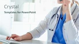  Presentation with clinic - Slide set consisting of young practitioner doctor working at the clinic reception desk she is answering phone calls and scheduling appointments background and a sky blue colored foreground