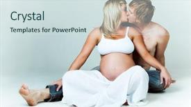  Presentation with pregnant and medication - Audience pleasing presentation consisting of young pregnant couple is sitting cross legged on the floor and kissing horizontal shot backdrop and a sky blue colored foreground