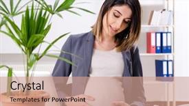  Presentation with happy hour - Amazing presentation design having young pregnant employee working backdrop and a  colored foreground