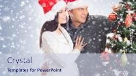  Presentation with snow tree - Slide deck having young pregnant woman and happy father decorating christmas tree over blue background with snow background and a lemonade colored foreground