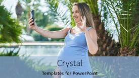  Presentation with friendly - Theme featuring young-pregnant-woman-doing-video background and a light blue colored foreground