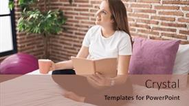  Presentation with coffee book - PPT theme enhanced with young-pregnant-woman-drinking-cup background and a coral colored foreground