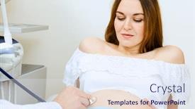  Presentation with ultrasound - Beautiful slide set featuring young pregnant woman examined by doctor at ultrasound check backdrop and a sky blue colored foreground