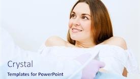  Presentation with ultrasound - Presentation enhanced with young pregnant woman examined by doctor at ultrasound check background and a sky blue colored foreground