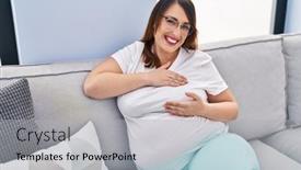 Presentation with pregnant woman - PPT layouts consisting of young-pregnant-woman-examining-breast background and a light gray colored foreground